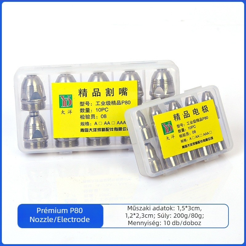 P80 plazma vágó fúvóka szett – fúvóka és elektróda vágópisztolyhoz, kompatibilis szénacélhoz, rozsdamentes acélhoz, rézhez és alumíniumhoz