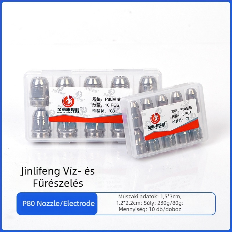 P80 plazma vágó fúvóka szett – fúvóka és elektróda vágópisztolyhoz, kompatibilis szénacélhoz, rozsdamentes acélhoz, rézhez és alumíniumhoz