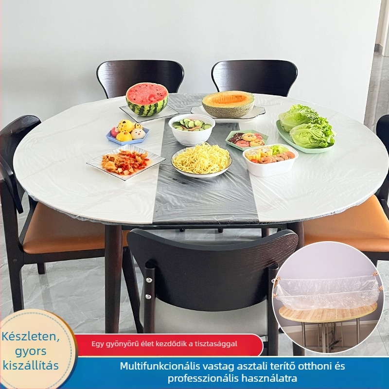 Rugalmas egyszer használatos asztalterítő, átlátszó PE, vízálló és olajálló, vastagított anyag, 10 darabos csomag