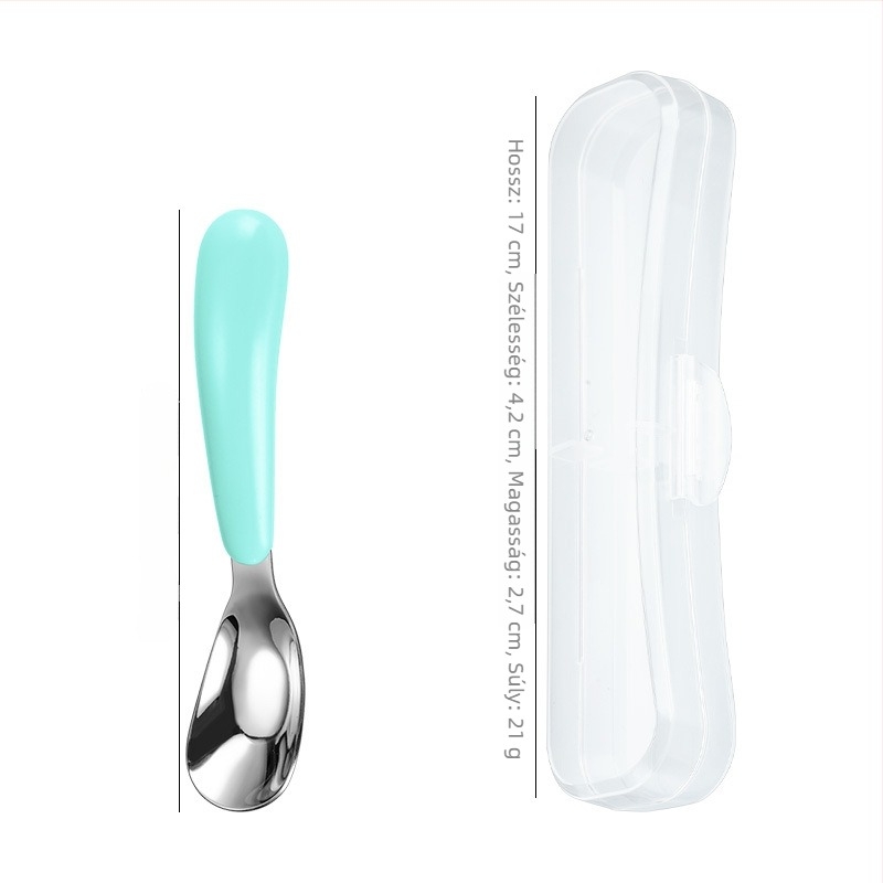 Gyermekeknek készült rozsdamentes acél kanál készlet dobozzal, 12 hónaptól felfelé; kanál és doboz készlet; egyszerű, aranyos dizájn