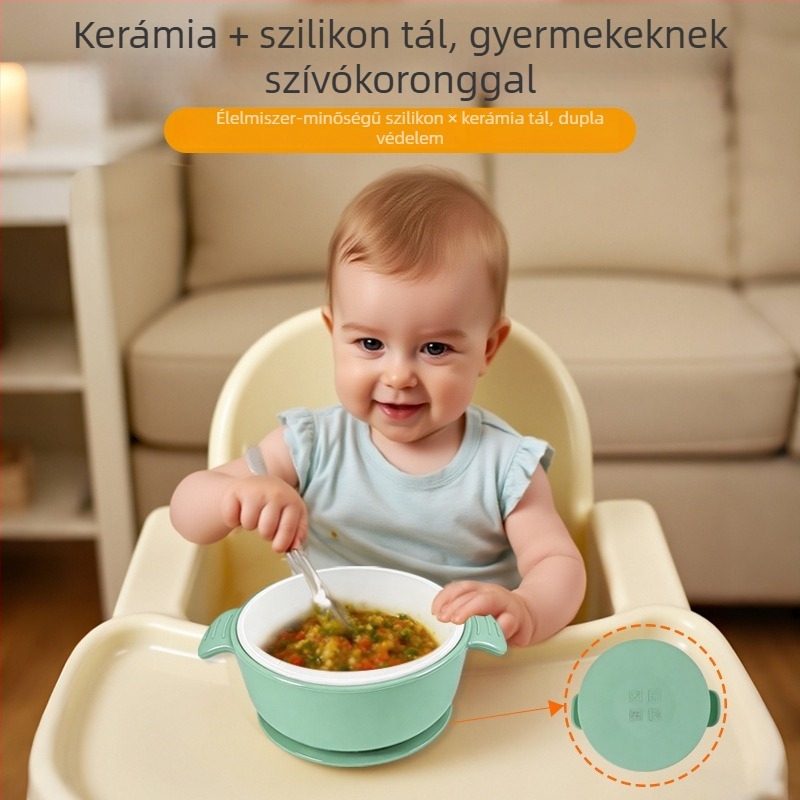 2 az 1-ben kerámia-szilíkon babatál ventúzával, rögzített szilikon fedéllel és osztott tányérral