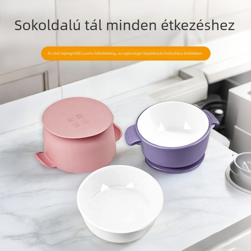 2 az 1-ben kerámia-szilíkon babatál ventúzával, rögzített szilikon fedéllel és osztott tányérral
