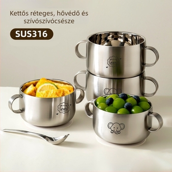 Gyerekeknek készült rozsdamentes acélból készült tál, dupla rétegű, vastított kivitelű, élelmiszer-minőségű szilikon szívókorong