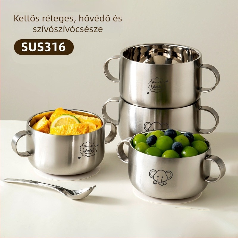 Gyerekeknek készült rozsdamentes acélból készült tál, dupla rétegű, vastított kivitelű, élelmiszer-minőségű szilikon szívókorong