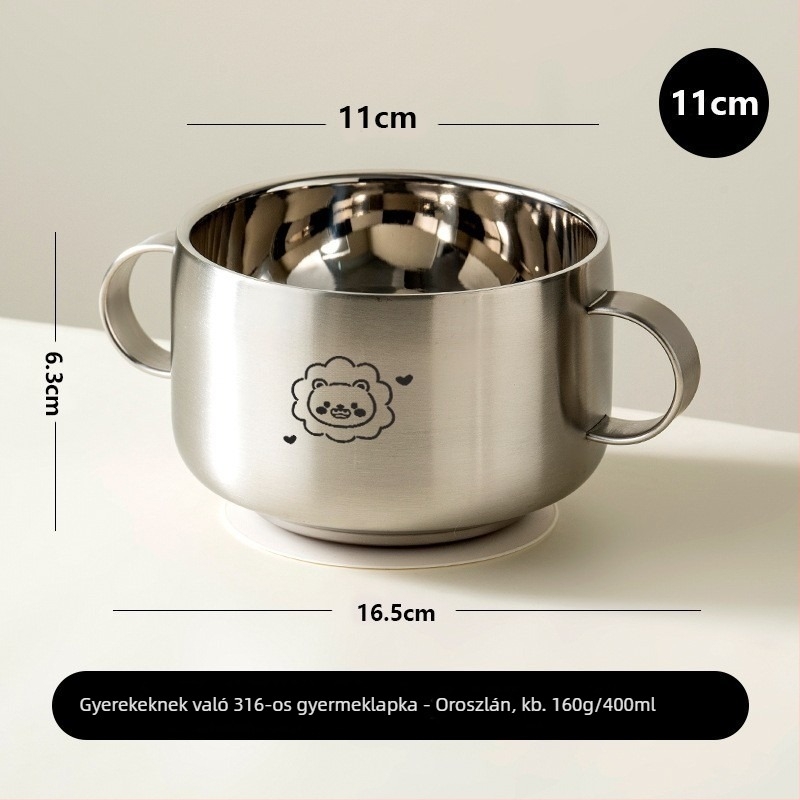 Gyerekeknek készült rozsdamentes acélból készült tál, dupla rétegű, vastított kivitelű, élelmiszer-minőségű szilikon szívókorong