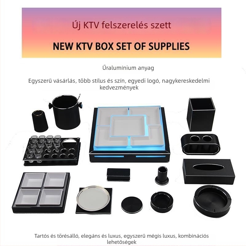 KTV fémasztali készlet: mikrofonállvány, zsebkendő tartó, hamutartó és világító gyümölcstál-állvány