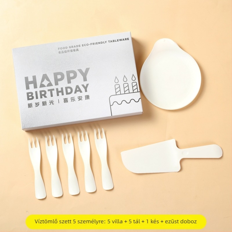 Egyszer használatos műanyag ünnepi étkészlet kerek tányérokkal és evőeszközökkel, 100 darabos csomag.