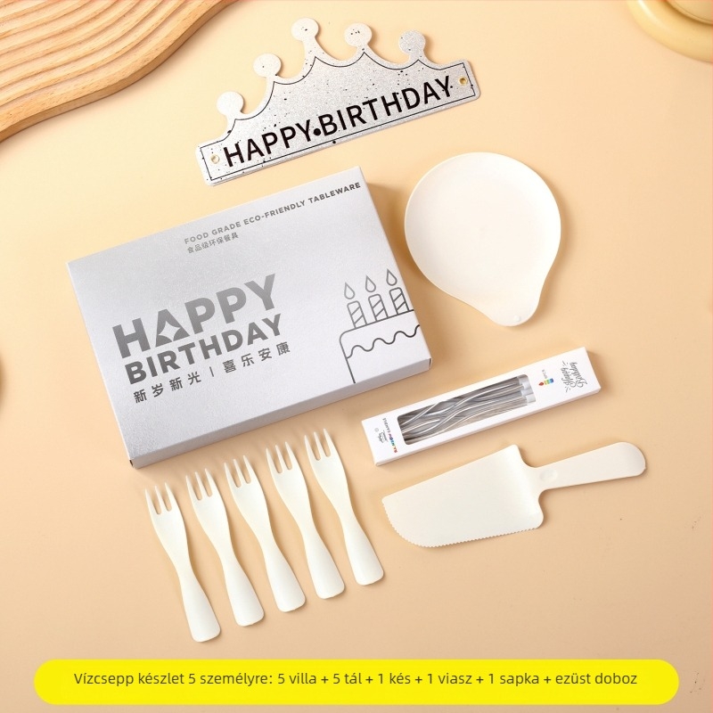 Egyszer használatos műanyag ünnepi étkészlet kerek tányérokkal és evőeszközökkel, 100 darabos csomag.