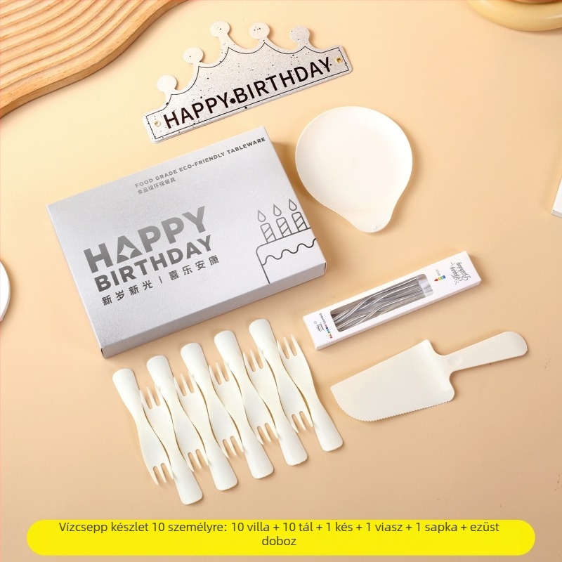 Egyszer használatos műanyag ünnepi étkészlet kerek tányérokkal és evőeszközökkel, 100 darabos csomag.