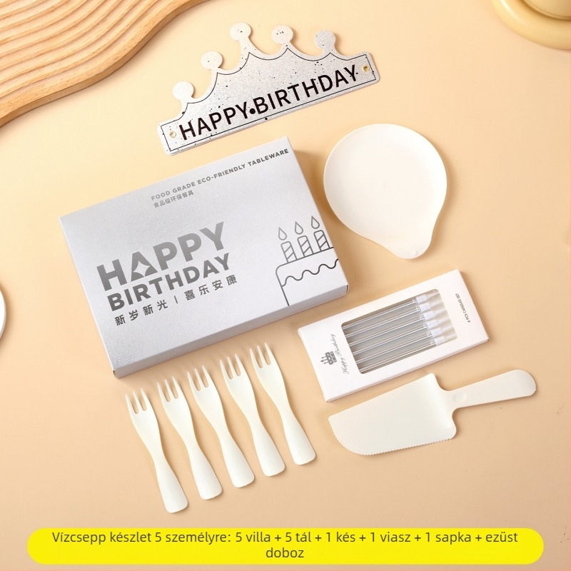 Egyszer használatos műanyag ünnepi étkészlet kerek tányérokkal és evőeszközökkel, 100 darabos csomag.