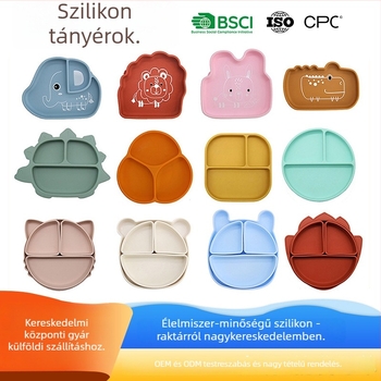 Szilikon gyerek tál szeparált rekeszekkel és szívókoronggal, állat alakú, 6 hónapos kortól használható