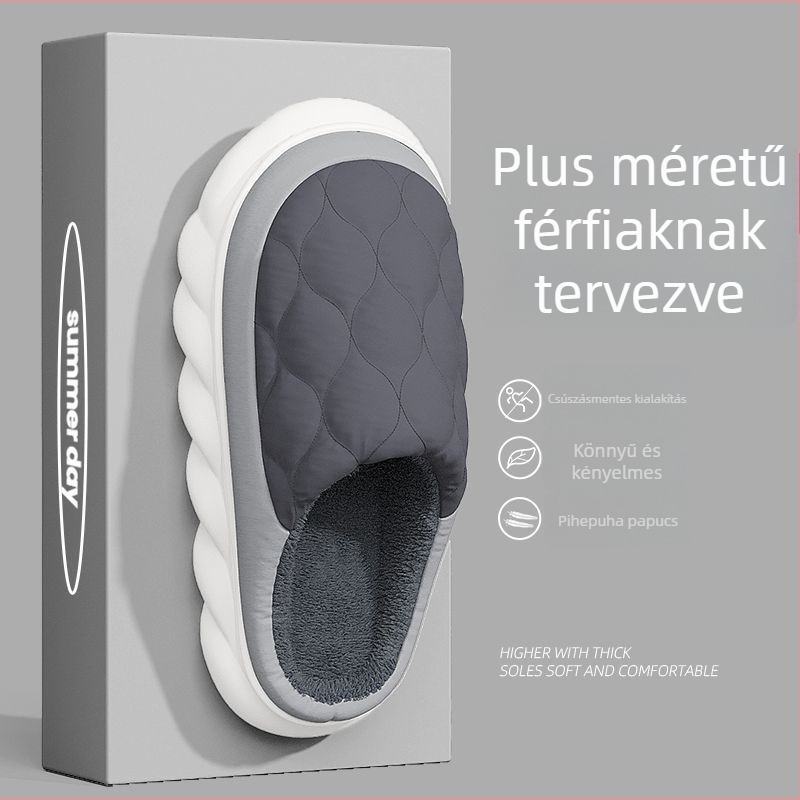 Uniszex pamut beltéri papucs, PVC talppal, felső rész gyapjú-szerű anyagból, belső műszőrme bélés, vízlepergető