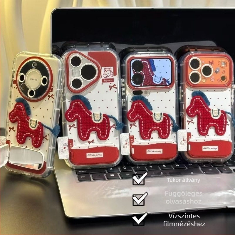 iPhone 17 Pro Max tok, pöttyös piros ló 3D-relief, beépített állvánnyal