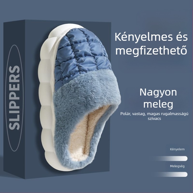 Pamut beltéri papucs plüss felsőrésszel, vastag anti-slip PVC talppal, belső műszőrme bélés és tolltöltet, kockás mintázat, vízálló és meleg