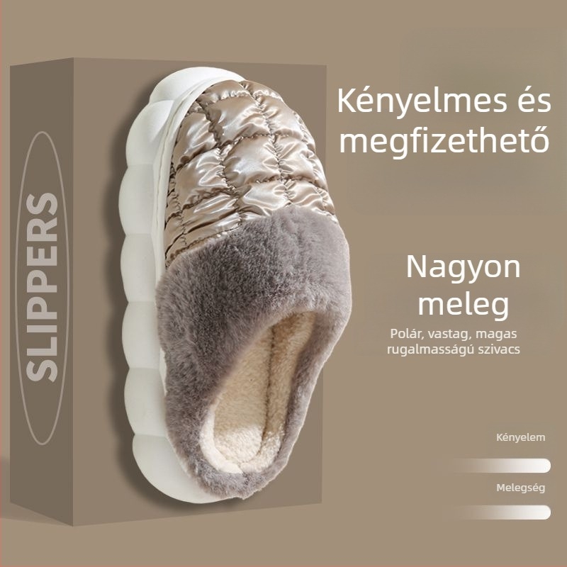 Pamut beltéri papucs plüss felsőrésszel, vastag anti-slip PVC talppal, belső műszőrme bélés és tolltöltet, kockás mintázat, vízálló és meleg