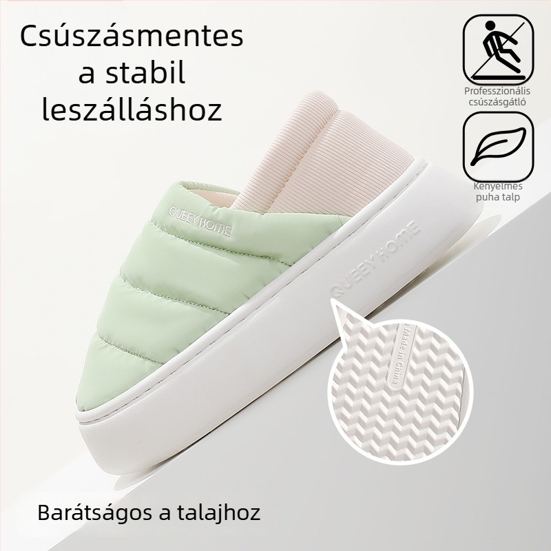 Téli beltéri pamutpapucs EVA talppal, Xinjiang pamut bélés, kerek orr, középmagas sarka 3–5 cm, csúszásmentes, otthoni használatra