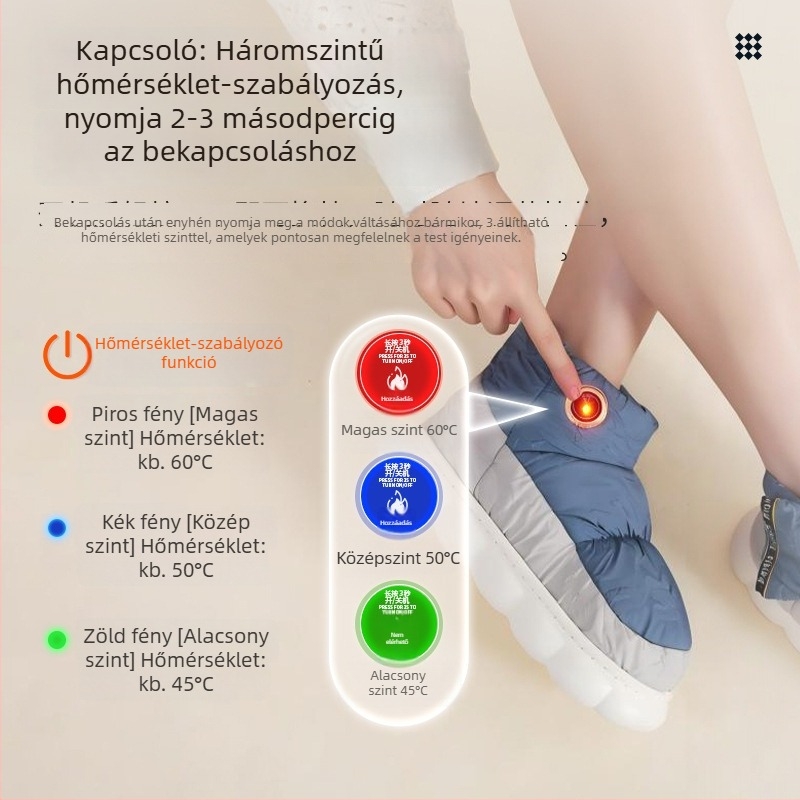 Xiangfutang Uniszex újratölthető melegített magas bokájú papucs, down anyagú felső rész, EVA talp, USB táplálás