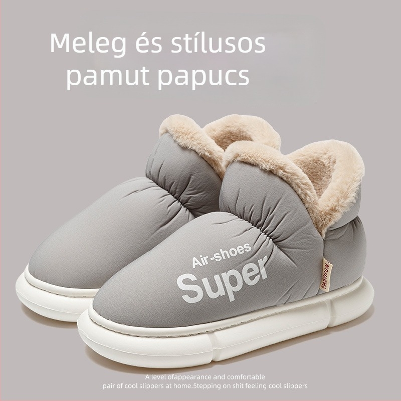 Női és férfi téli pamut papucs - vízálló felsőrész, bolyhos bélés, PVC talp, 3–5 cm sarok, csúszásmentes, meleg