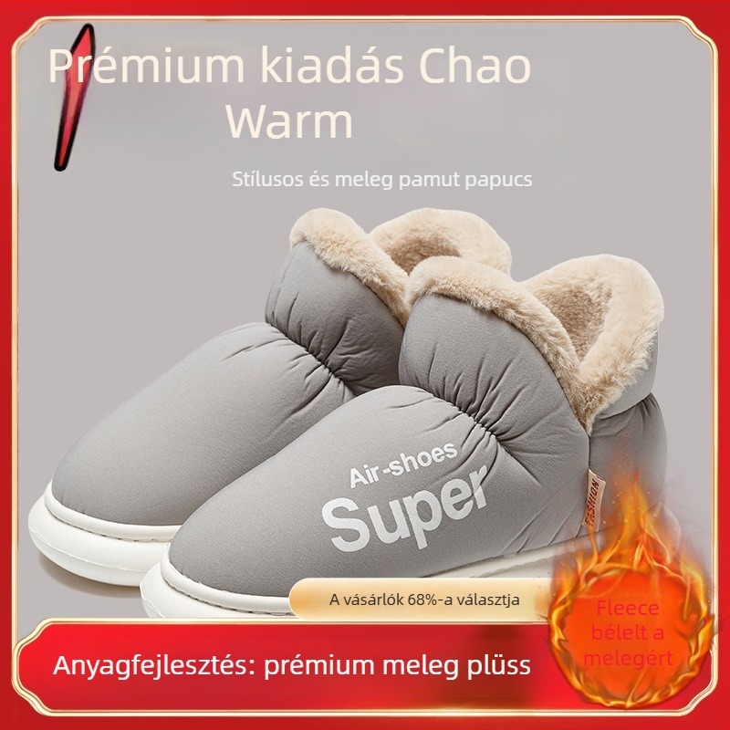 Női és férfi téli pamut papucs - vízálló felsőrész, bolyhos bélés, PVC talp, 3–5 cm sarok, csúszásmentes, meleg