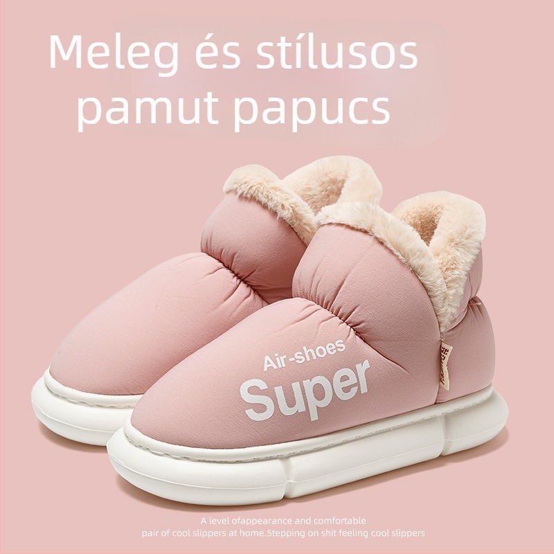 Női és férfi téli pamut papucs - vízálló felsőrész, bolyhos bélés, PVC talp, 3–5 cm sarok, csúszásmentes, meleg