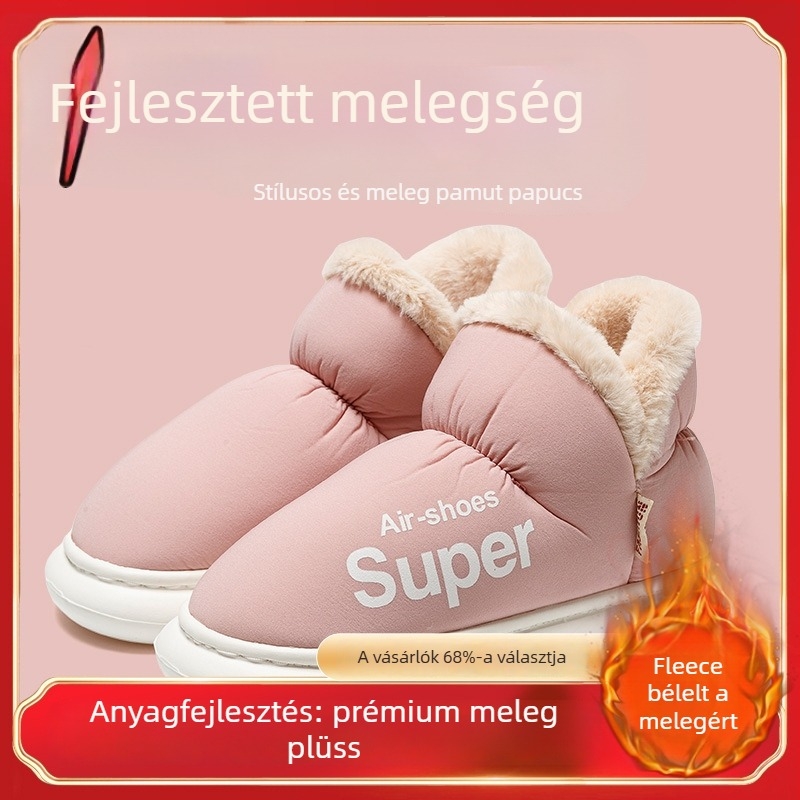 Női és férfi téli pamut papucs - vízálló felsőrész, bolyhos bélés, PVC talp, 3–5 cm sarok, csúszásmentes, meleg