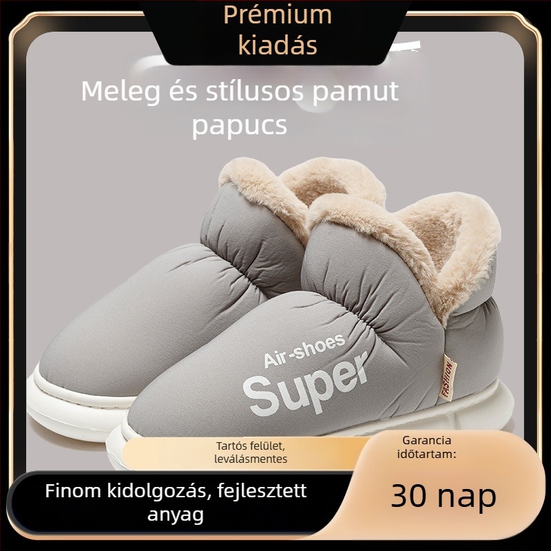 Női és férfi téli pamut papucs - vízálló felsőrész, bolyhos bélés, PVC talp, 3–5 cm sarok, csúszásmentes, meleg