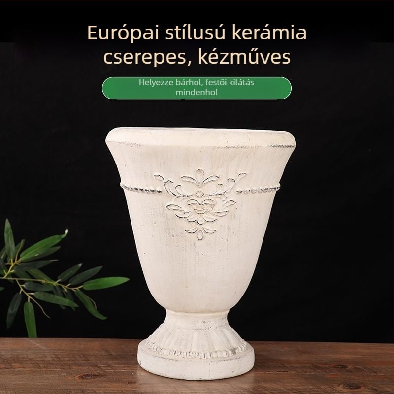 Cementből készült virágcserép, kézzel készített, vintage stílusú, padlón álló, otthoni kertészkedéshez