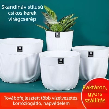 Minimalista fehér gyanta virágtartó vertikális csíkokkal, nagy átmérőjű, lélegző, beltéri növényekhez, nappalira illő, UV-védelmi funkcióval