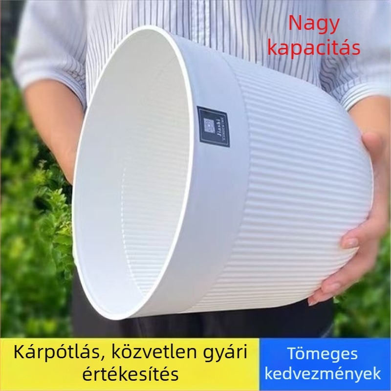 Minimalista fehér gyanta virágtartó vertikális csíkokkal, nagy átmérőjű, lélegző, beltéri növényekhez, nappalira illő, UV-védelmi funkcióval