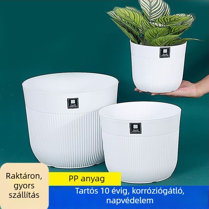 Minimalista fehér gyanta virágtartó vertikális csíkokkal, nagy átmérőjű, lélegző, beltéri növényekhez, nappalira illő, UV-védelmi funkcióval