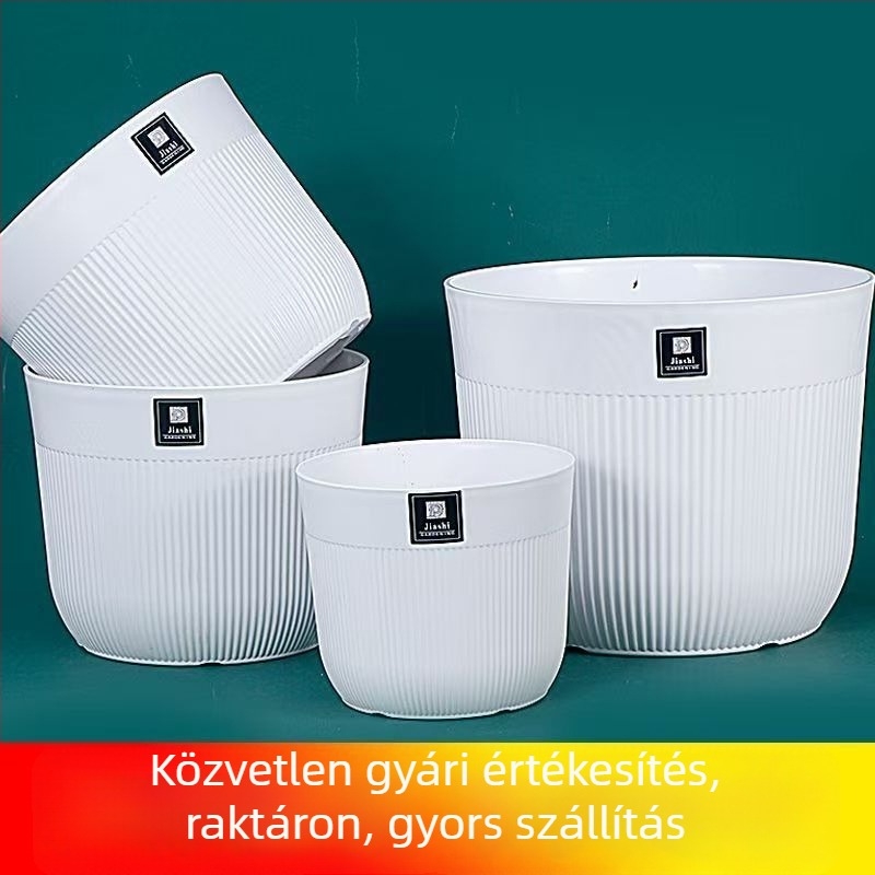 Minimalista fehér gyanta virágtartó vertikális csíkokkal, nagy átmérőjű, lélegző, beltéri növényekhez, nappalira illő, UV-védelmi funkcióval
