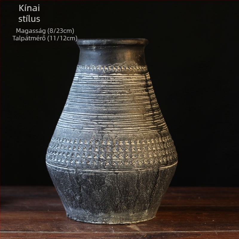 Kézzel készült kerámiaváz – vintage agyagtál, zen stílus, asztali vagy padlóra helyezhető, száraz virág díszítéshez