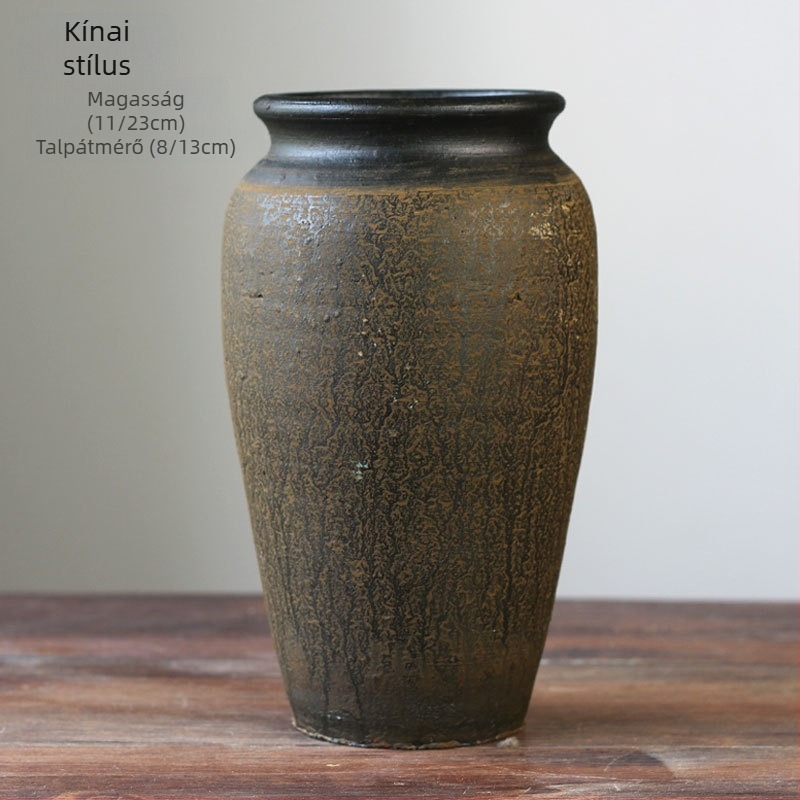 Kézzel készült kerámiaváz – vintage agyagtál, zen stílus, asztali vagy padlóra helyezhető, száraz virág díszítéshez