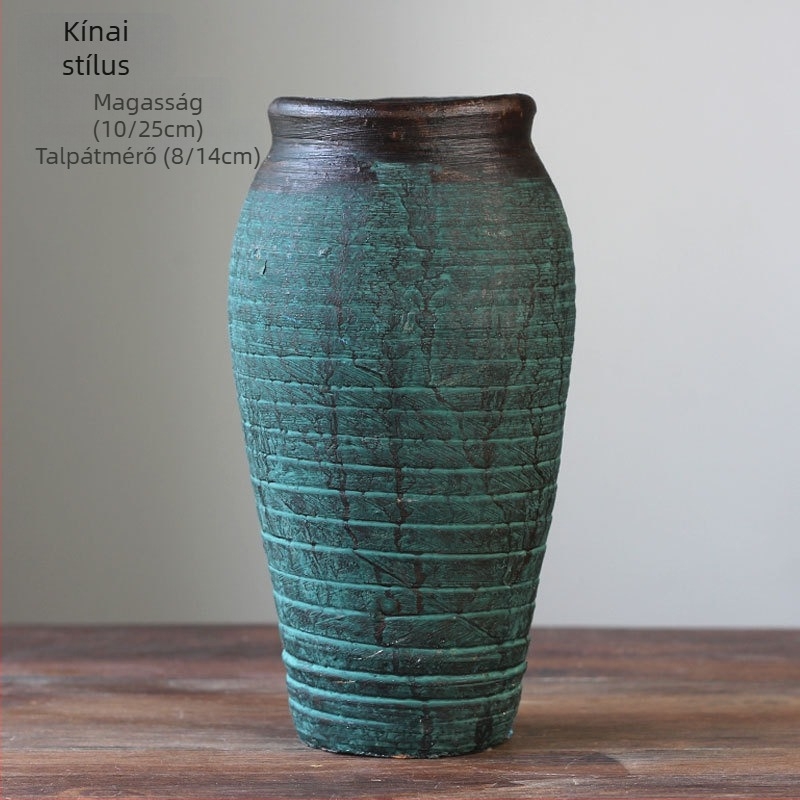 Kézzel készült kerámiaváz – vintage agyagtál, zen stílus, asztali vagy padlóra helyezhető, száraz virág díszítéshez