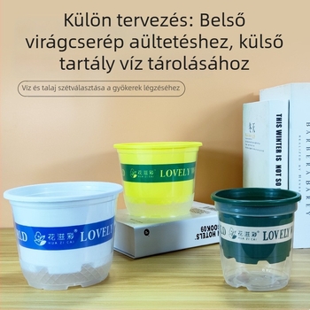 Műanyag virágtartó öntöző funkcióval, dupla átlátszó külsővel és víztárolóval