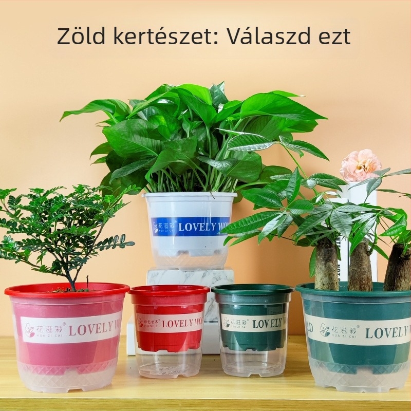 Műanyag virágtartó öntöző funkcióval, dupla átlátszó külsővel és víztárolóval