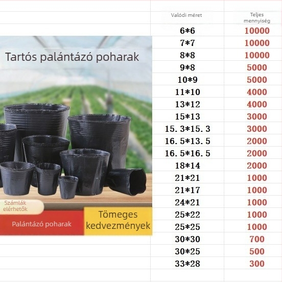 Műanyag egyszer használatos fekete szaporító tasak, tápanyagcsésze, szaporító pohár és ültető csésze