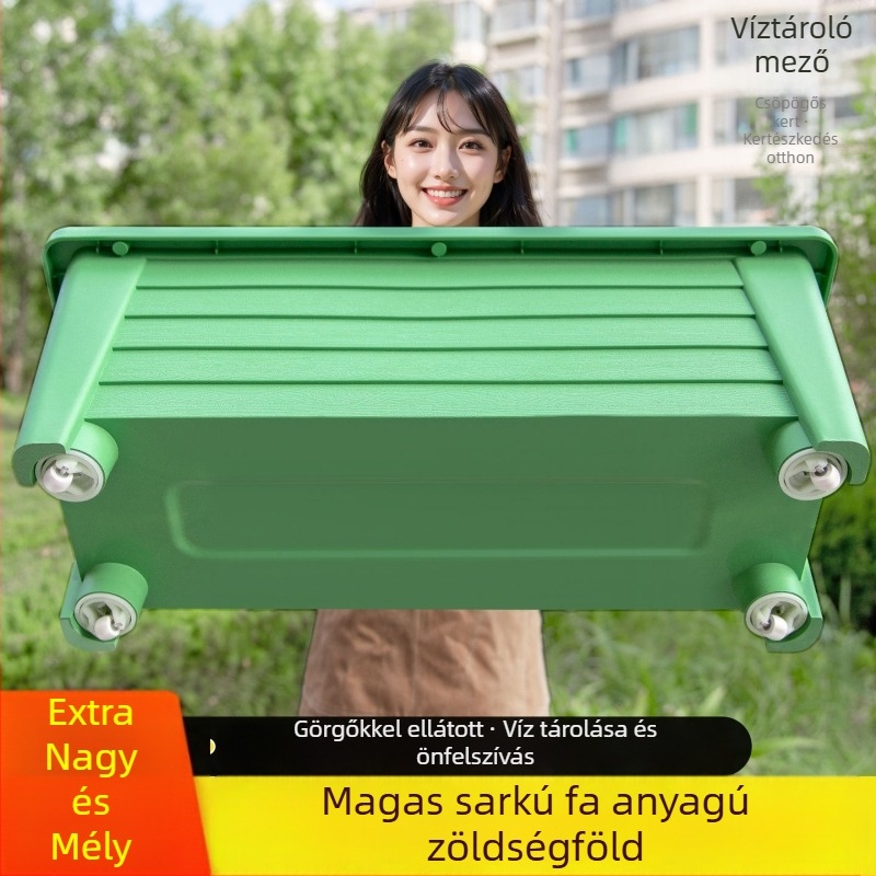 Erkélyre való zöldségültető, extra-nagy, magas, önöntöző, téglalap alakú műanyag virágtartó otthoni ültetésre