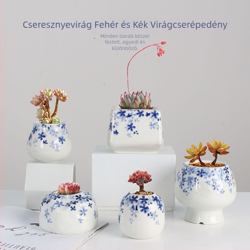 Asztali virágcserép, kerámia, kézzel festett, kézzel készített, tartós