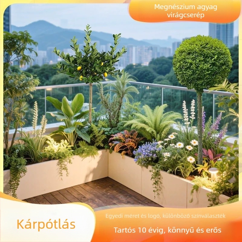 Kültéri magnézium-agyag virágtartó, korrózióálló anyag, matt spray felülettel, falra szerelhető, asztali vagy padlóra helyezhető, akasztó változattal
