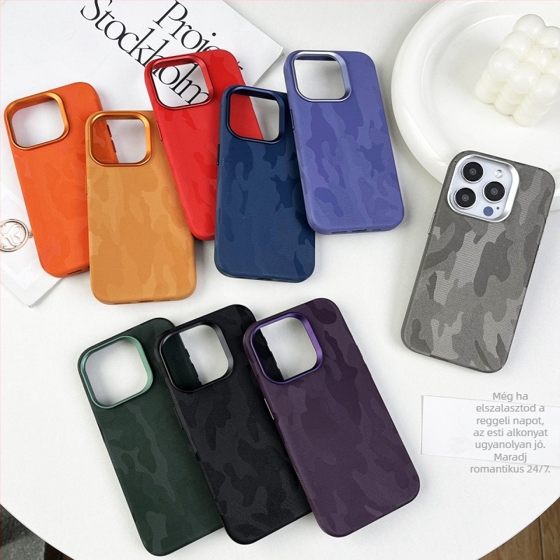 iPhone 14 Pro Max tok, kamuflált flanel bőr-textúrájú PC ház, ütésálló, ujjlenyomat-mentes, hőelvezetés, mágneses zár, testreszabható