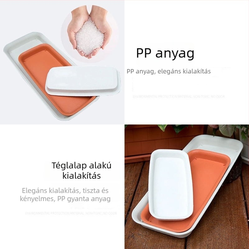 Hosszú, téglalap alakú műanyag virágcserép vastagított tálcával