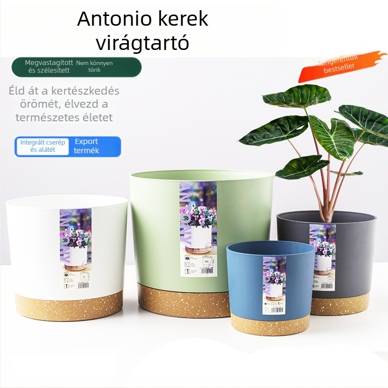 Anthony Nordic gyanta imitációjú kerámiát utánozó virágtartó, mély és magas, műanyag, nagy virágtartó tálcával zöld pothos növényhez