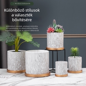 Kerámia virágcserép fa textúrával és kő mintázattal, tálcával, szukkulentákhoz, otthon és kertben, nagy méret