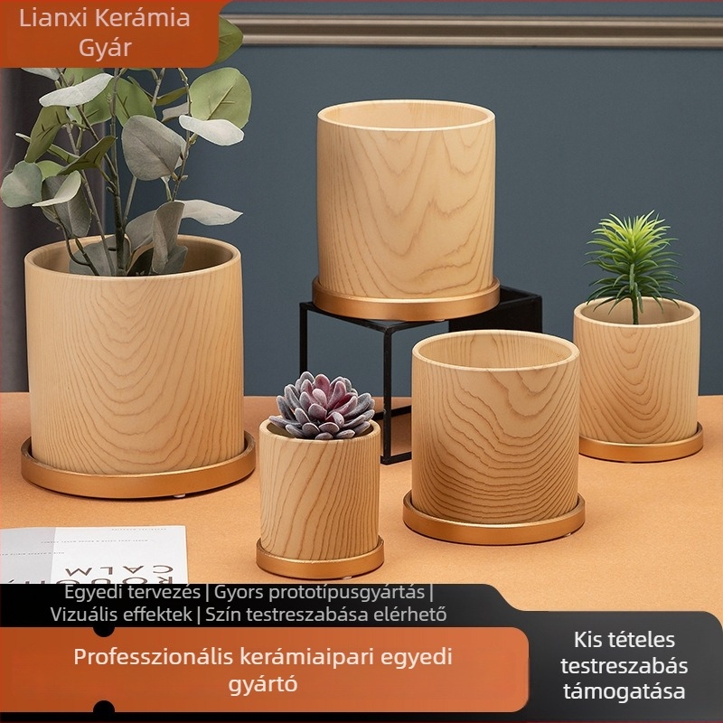 Kerámia virágcserép fa textúrával és kő mintázattal, tálcával, szukkulentákhoz, otthon és kertben, nagy méret