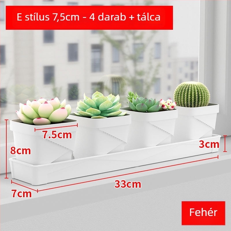 Szögletes műanyag virágcserép, légáteresztő és tartós, asztali használatra, injektálással gyártva.