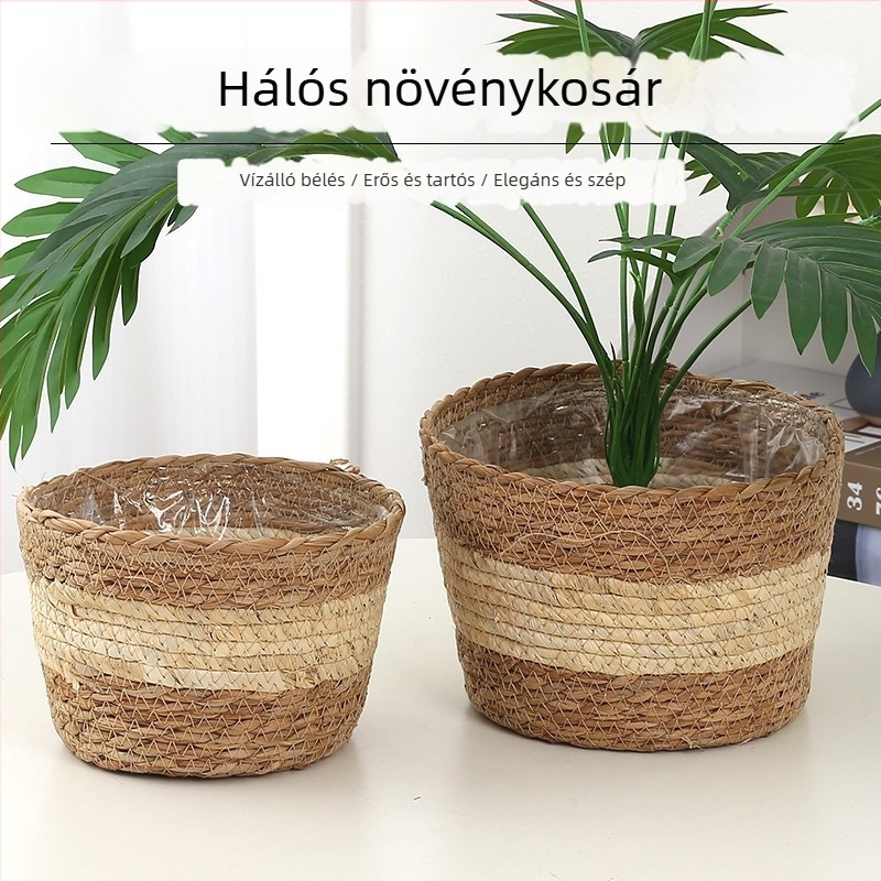 Virágcserép készlet, sásból és kukoricaszárból szőtt, lélegző, asztalra vagy padlóra, skandináv stílus