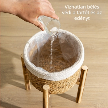 Padlón álló fa virágtartó állvány, kézzel készített, egyszerű stílusú, otthoni kertészkedésre és erkély növényeihez.