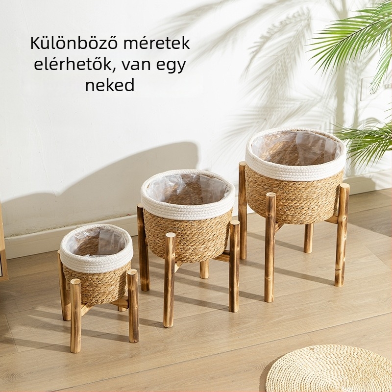 Padlón álló fa virágtartó állvány, kézzel készített, egyszerű stílusú, otthoni kertészkedésre és erkély növényeihez.