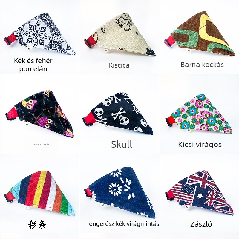 Háziállat-kiegészítők: háromszög alakú bib kutyáknak és macskáknak, vászon anyag, twill szövés, varrás, minden évszakban alkalmas